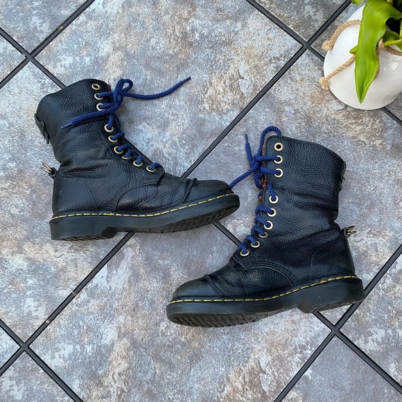Dr Martens Black Leather Aimilita Tall Lace Up Moto Boots Size 6 - Picture 9 of 13